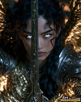 A winged woman holds a bronze sword before her face under warm golden light