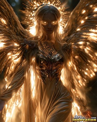 Facing forward in shadow, a winged woman spreads her bright gold wings