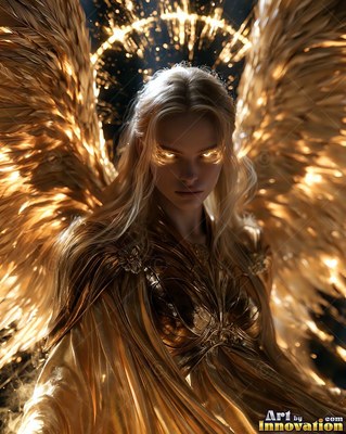 A winged blonde woman in gold armor stares ahead with bright yellow eyes