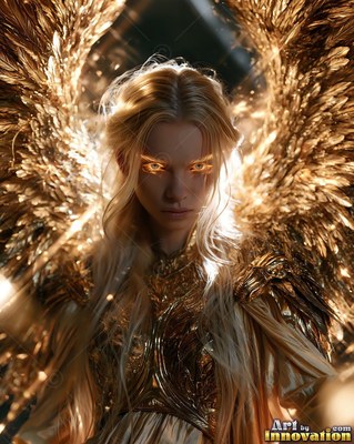 A blonde woman with golden wings and armor stares ahead with bright eyes