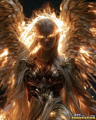 Spreading gold feathered wings, a winged woman wears bright armor with flaming hair
