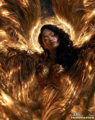 Woman with large gold wings and a bright halo behind her dark hair