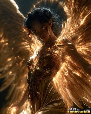 Feathered shining gold dress on a dark-haired woman with bright wings in front of a dark backdrop