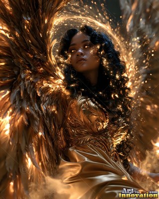 A winged woman wearing gold armor turns her head as bright sparks circle in her hair