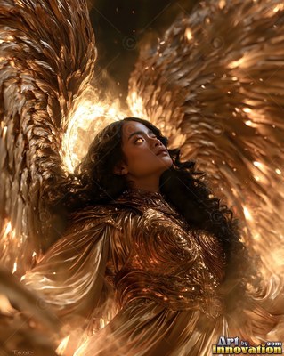 Looking upward in dark smoke, a woman wears gold armor and feathered wings
