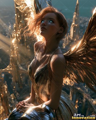 Above a golden city, a winged woman looks up with bright blue eyes