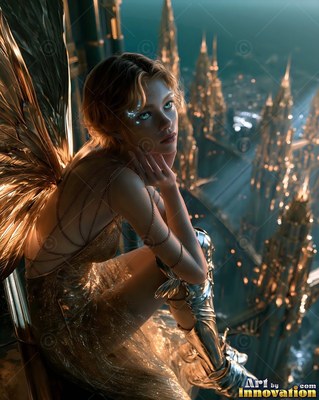 Resting her chin on her hand, a woman with wings in gold sits high above city spires