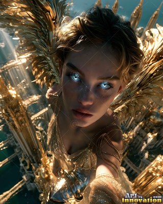 Winged woman with bright blue eyes looks up in a gold dress