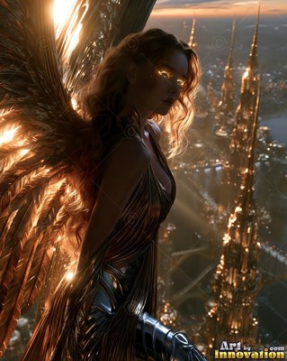 A pleated metallic dress on a winged woman looking out over golden spires at dusk