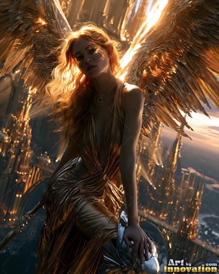 A winged woman in a bronze silk dress sits high above a golden city