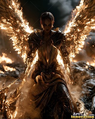 On a smoky battlefield, a winged woman is standing in dark gold armor with fiery wings