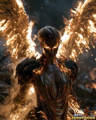 Standing in gray smoke, a winged woman wears dark gold armor with fiery edges