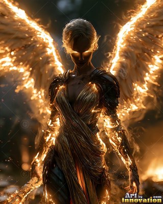 A winged woman in dark gold armor with fiery edges on her wings