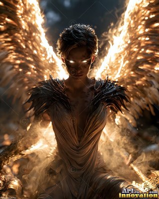A pleated gown on a woman in dark smoke, spreading bright golden wings around her