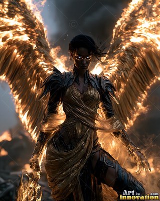 A woman is standing in dark armor with burning wings lit by bright gold fire