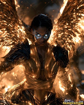 Facing forward in smoke, a winged woman wears golden armor with bright white eyes