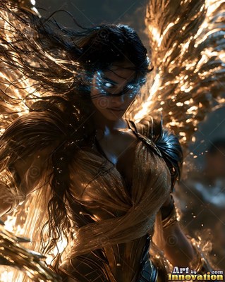 A winged woman wearing gold armor stares forward with bright blue eyes