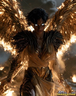 On a dark battlefield, a winged woman is standing in gold armor with bright eyes