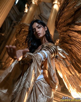Reaching her hand out, a dark-haired woman is standing with gold wings by tall pillars