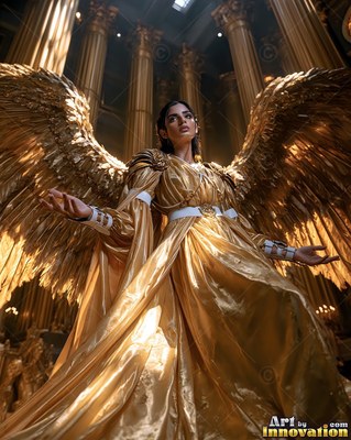 A winged woman wearing a gold gown stands under tall pillars