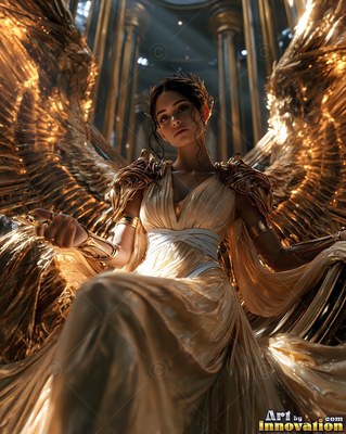 A winged woman in a pale gold dress sits on a throne under tall stone pillars