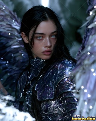 A dark-haired woman in purple metal armor glances back, framed by cool white light on her wings