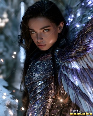 Turned to the side in a snowy pass, a winged woman wears silver plate armor