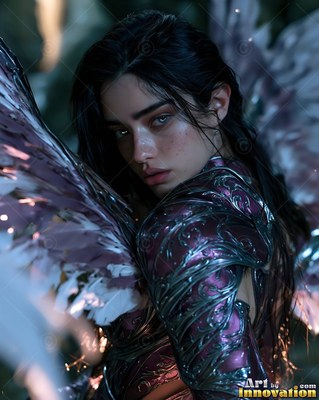 A dark-haired winged woman in shiny purple armor looks back over her shoulder