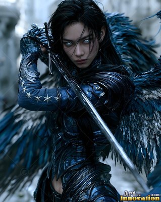 In a pale stone city, a winged woman in dark blue armor draws a long sword