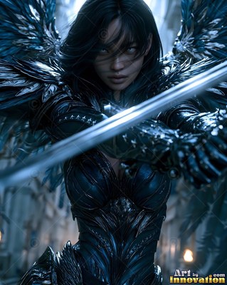 Raising a sword, a winged woman stands in dark metallic armor with feathered wings