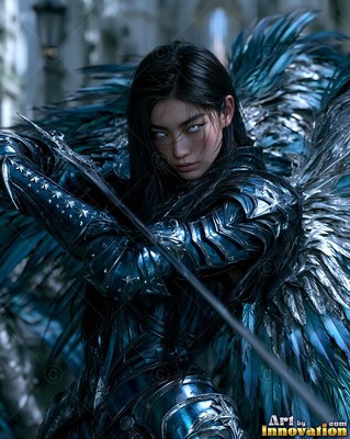 A winged woman in dark teal armor draws her sword