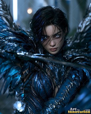 Dark blue feathered armor clothes a winged woman holding a blade before a dim city
