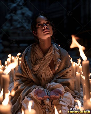 A woman kneels with cupped hands, looking upward in soft candlelight
