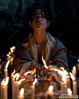A woman in a brown shawl holds her hands over white candles in the dark
