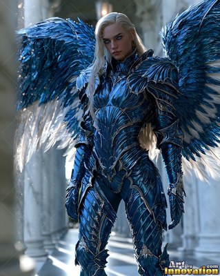 Standing among marble pillars, a blonde woman wears blue armor and matching wings