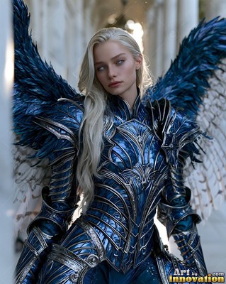 A blond woman in shiny blue armor stands with dark blue wings spread