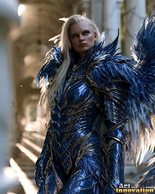 A winged woman stands in dark blue feathered plate under bright sunbeams