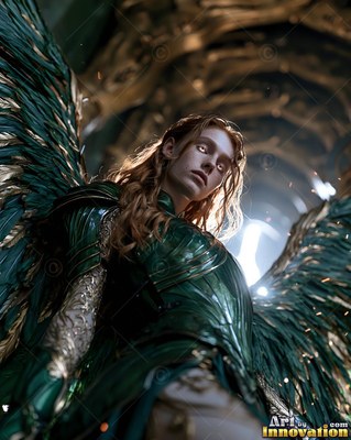 Looking up at a winged woman in dark green armor inside an arched hall