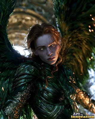 A red-haired woman in shiny green armor with matching dark green wings looking forward
