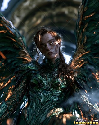 Under a stone arch, a winged woman stands in dark green and gold armor