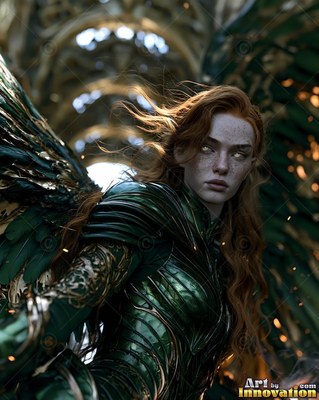 Standing tall, a winged red-haired woman wears polished green plate armor