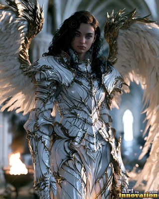 Woman in white and gold plate armor with large feathered wings