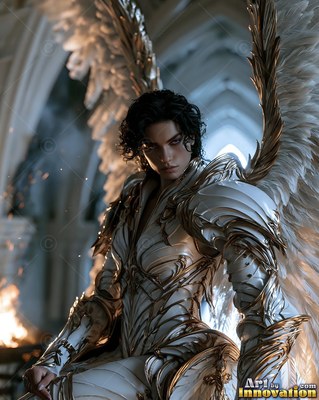Curved white armor fits a dark-haired winged woman sitting beneath tall stone arches