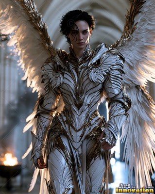 A dark-haired winged woman stands in white armor with soft gold trim