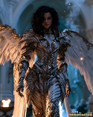 Standing in a stone hall, a winged woman wears silver plate armor with feathers