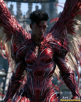A Black woman in glossy red armor stands with her feathered red wings spread