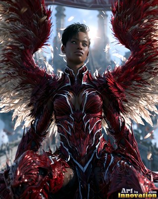 Before a bright city in the sky, a woman in red armor spreads feathered wings