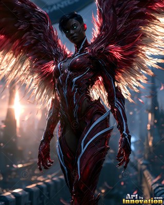 A woman with feathered red wings standing in red armor