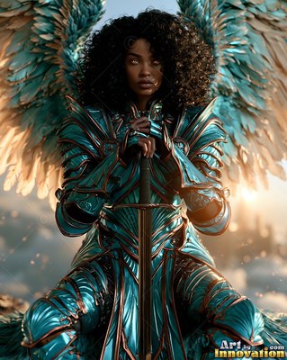 Teal metal armor covers a winged Black woman holding a sword in the bright clouds