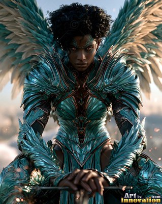A winged woman sits forward in glossy turquoise armor under soft daylight